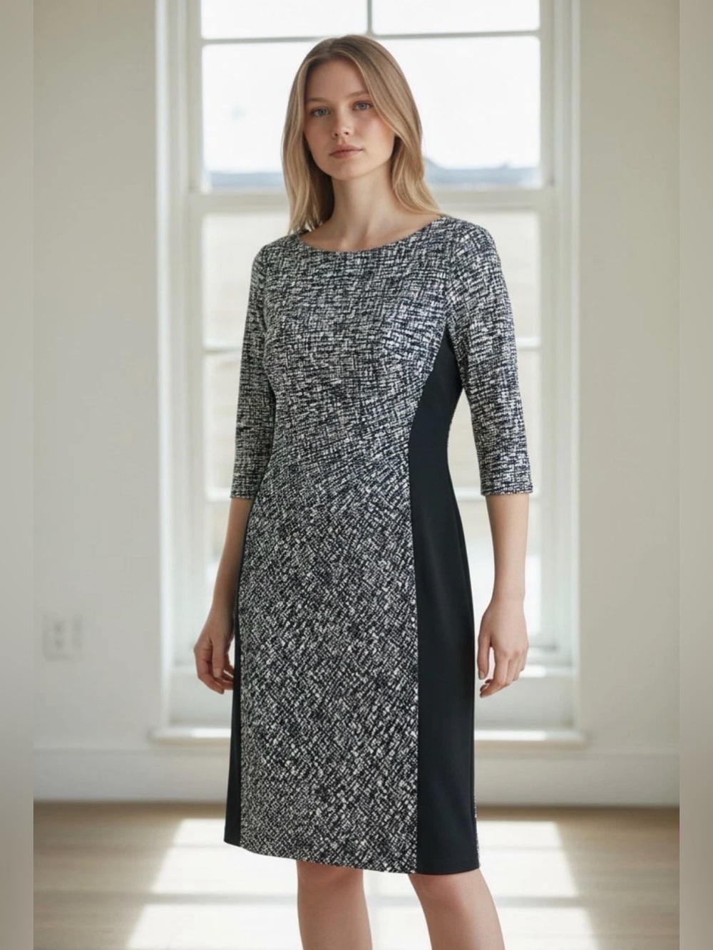 Ralph Lauren Black & White Textured Midi Sheath Dress sz 14 stretchy fall office